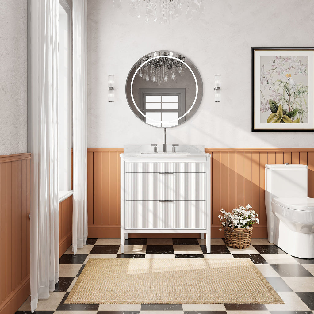Fully Assembled 36'' Bathroom Vanity with Carrara Stone Top - White