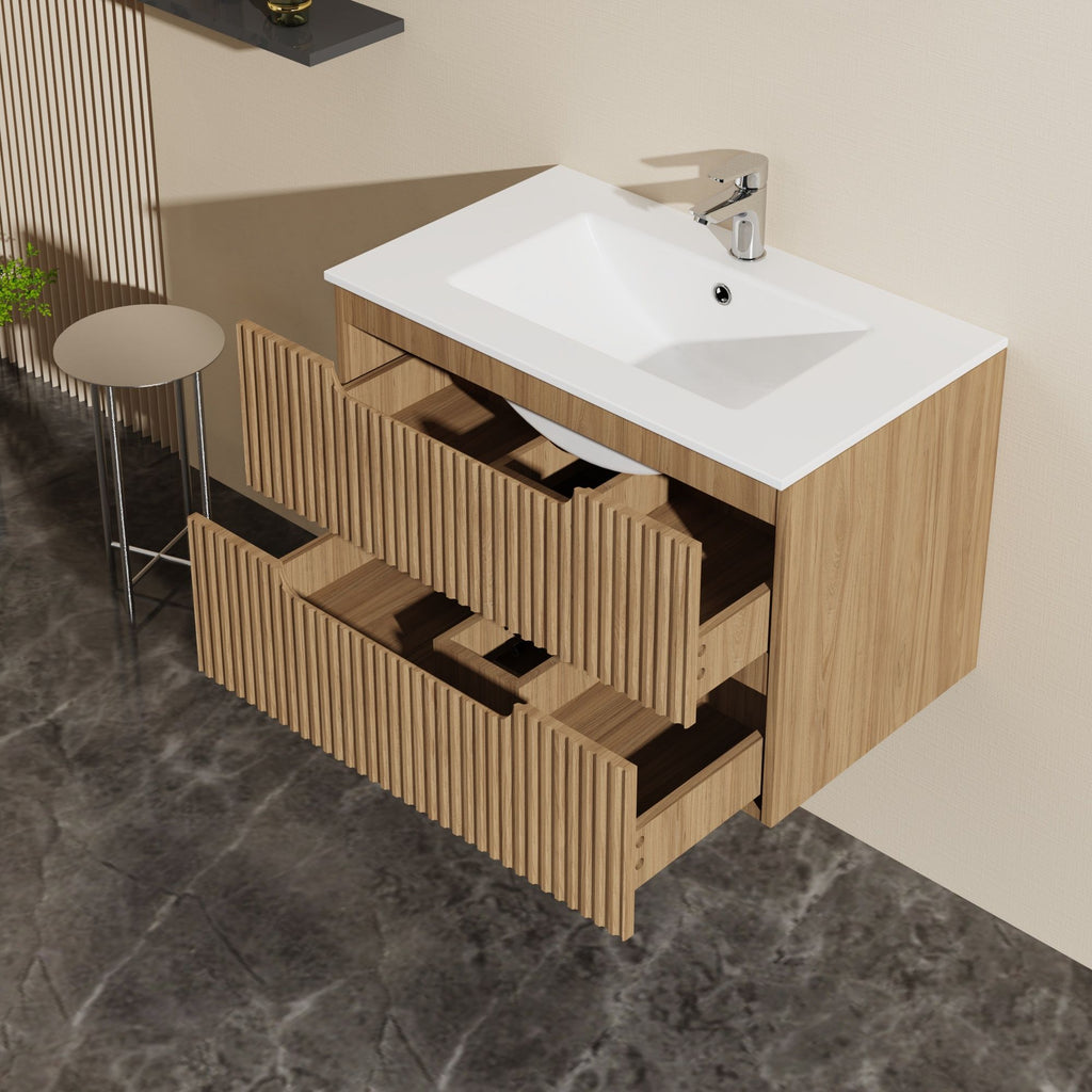 30" Wall Mounted Bathroom Vanity with Sink and Soft Close Drawers - Walnut