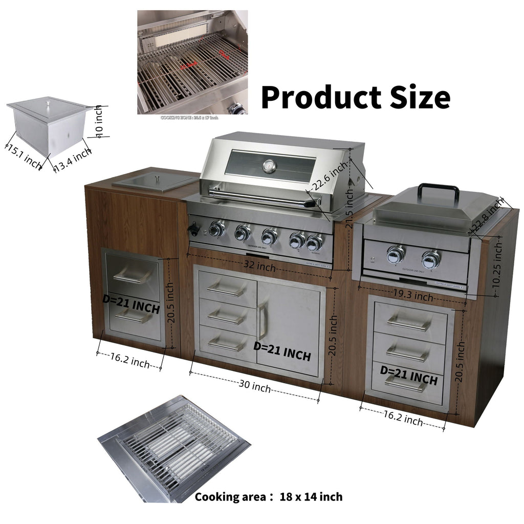 Built-In Outdoor Kitchen LPG Gas Grill with Ice Box and BBQ Tool Set - Silver
