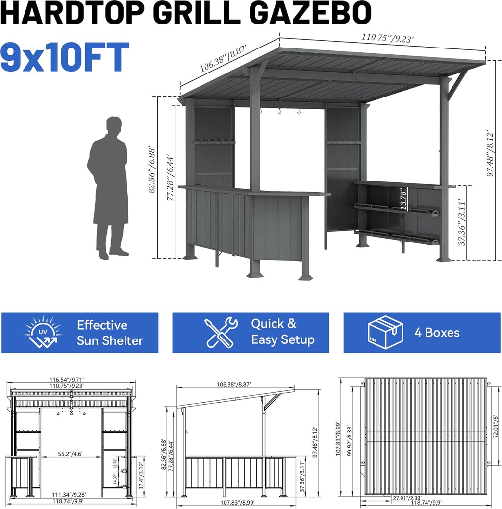 9x10FT Hardtop Grill Gazebo with Storage Shelves - Steel