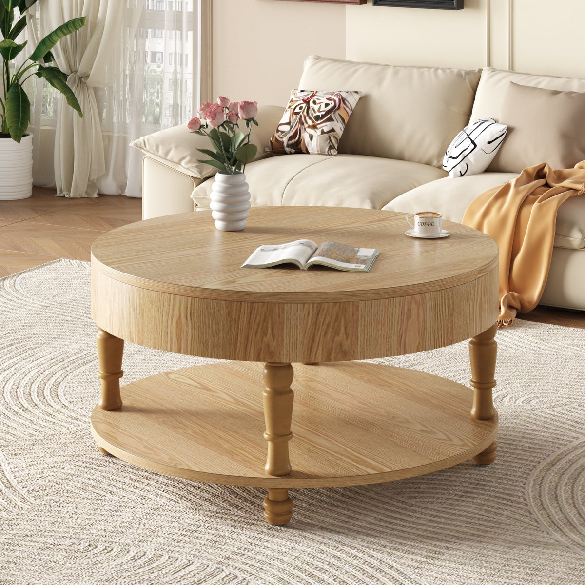 Coffee Table with Dual Storage - Natural Wood, 31.5" Round