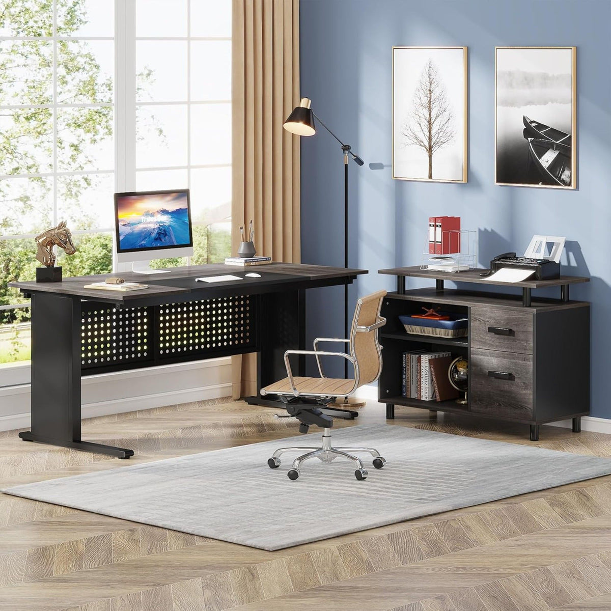 L-Shaped Executive Desk with File Cabinet and Storage Drawers - Light Brown or Dark Gray