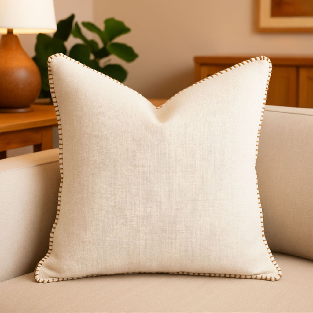 Ivory Throw Pillow with Decorative Stitching - Linen-Like Texture