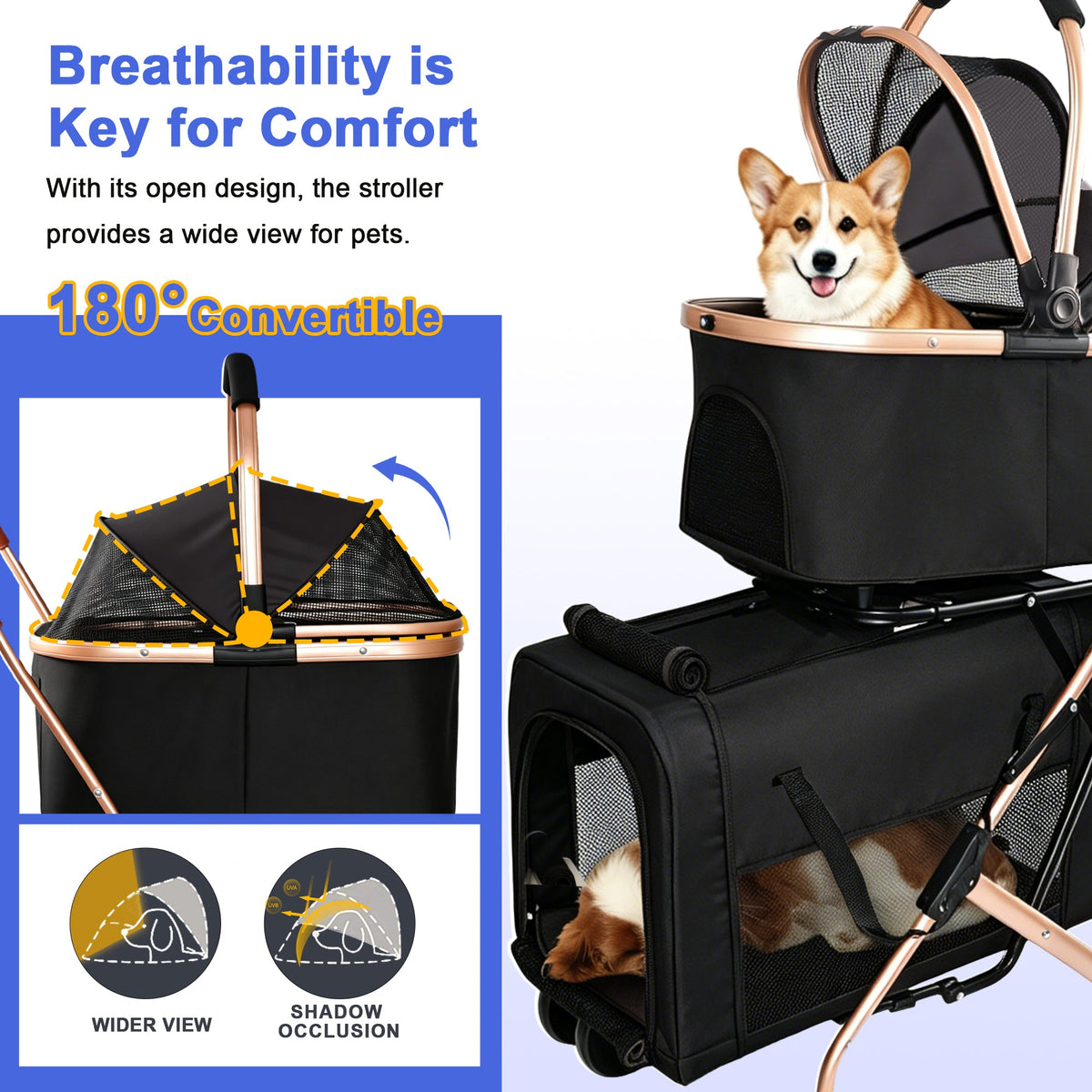 Double Pet Stroller for Small and Medium Dogs and Cats with Foldable Frame - Carbon-Steel