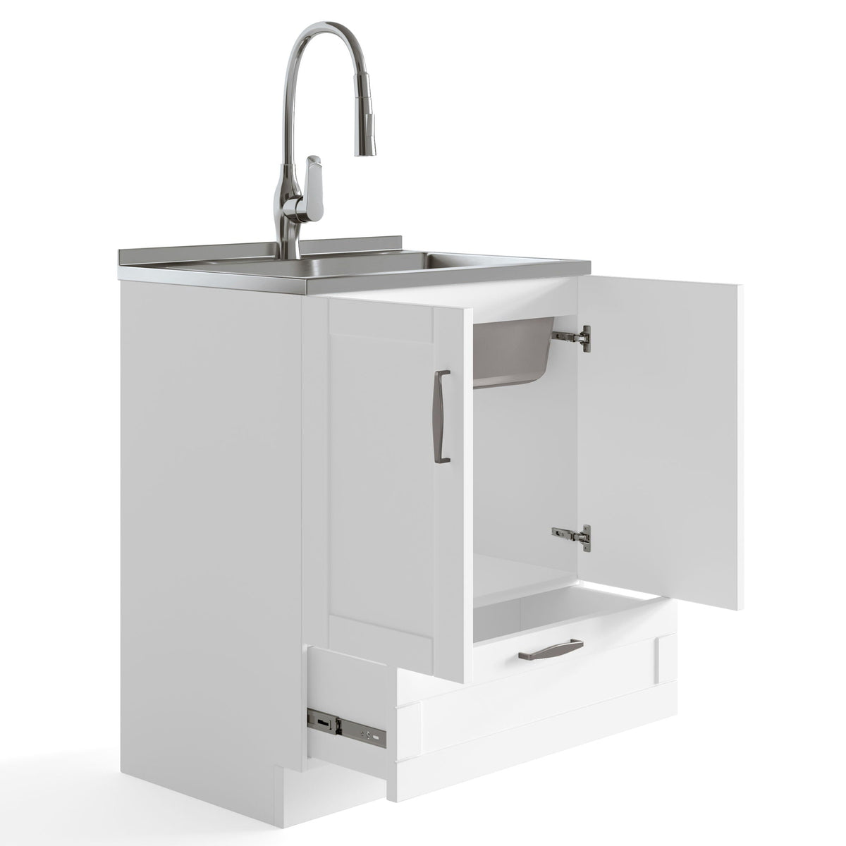 Deluxe Laundry Cabinet with Pull-Out Faucet and Stainless Steel Sink - White