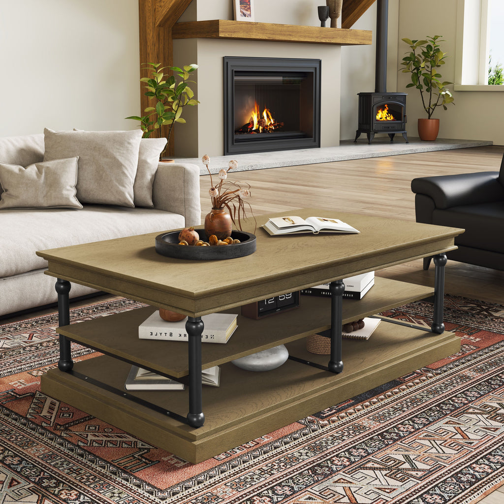 Wood Coffee Table with Black Legs and Open Storage Shelves - Brown