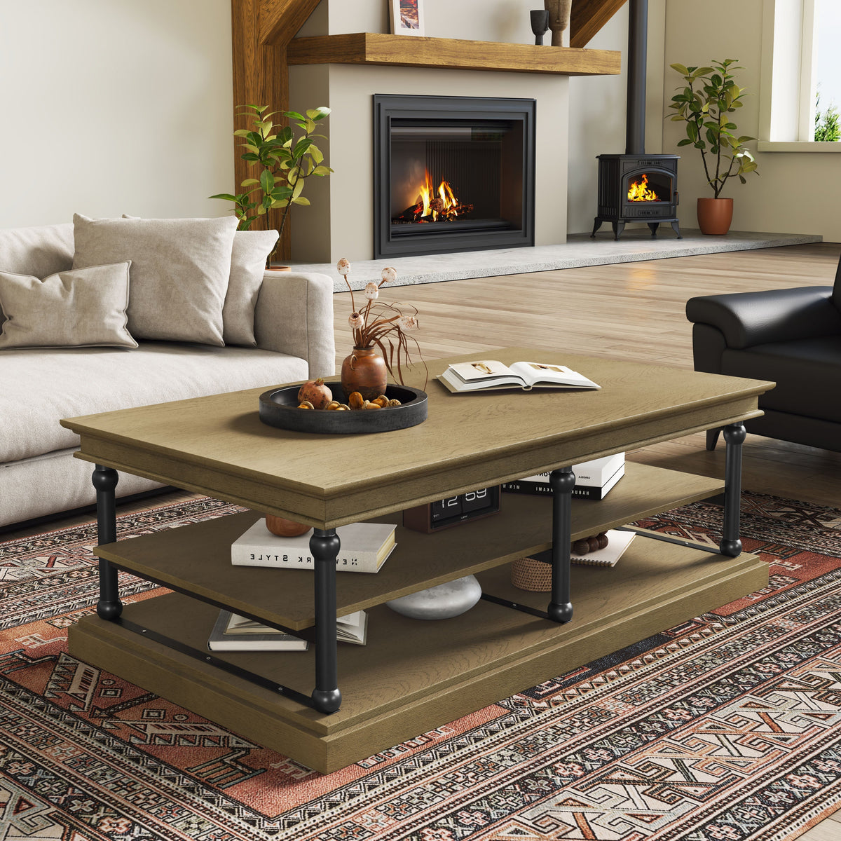 Wood Coffee Table with Black Legs and Open Storage Shelves - Brown