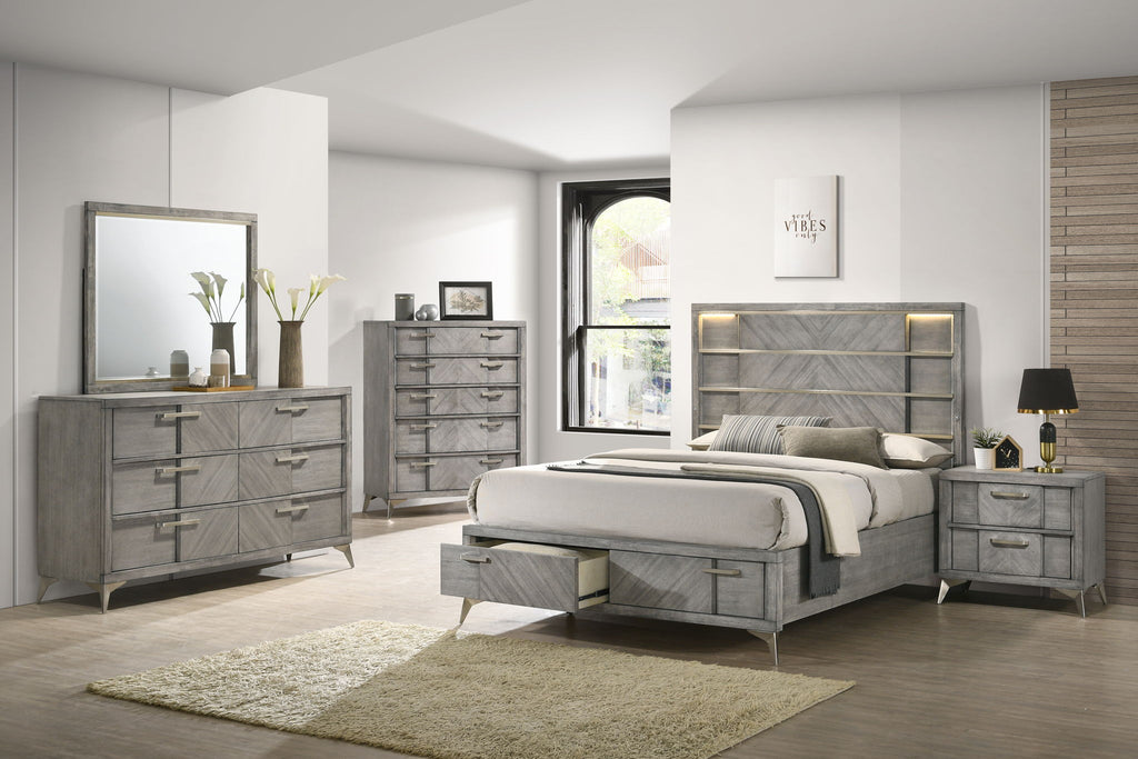 Gray 2 Drawer Nightstand with Bookmatched Veneers and USB Port