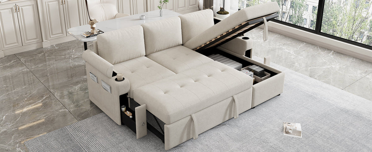 L-Shaped Sectional Sofa Bed with Storage & USB Ports - Chenille
