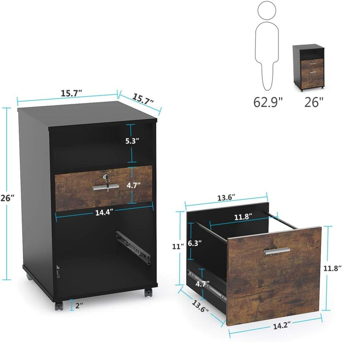 2 Drawer Mobile File Cabinet with Lock - Black/Brown