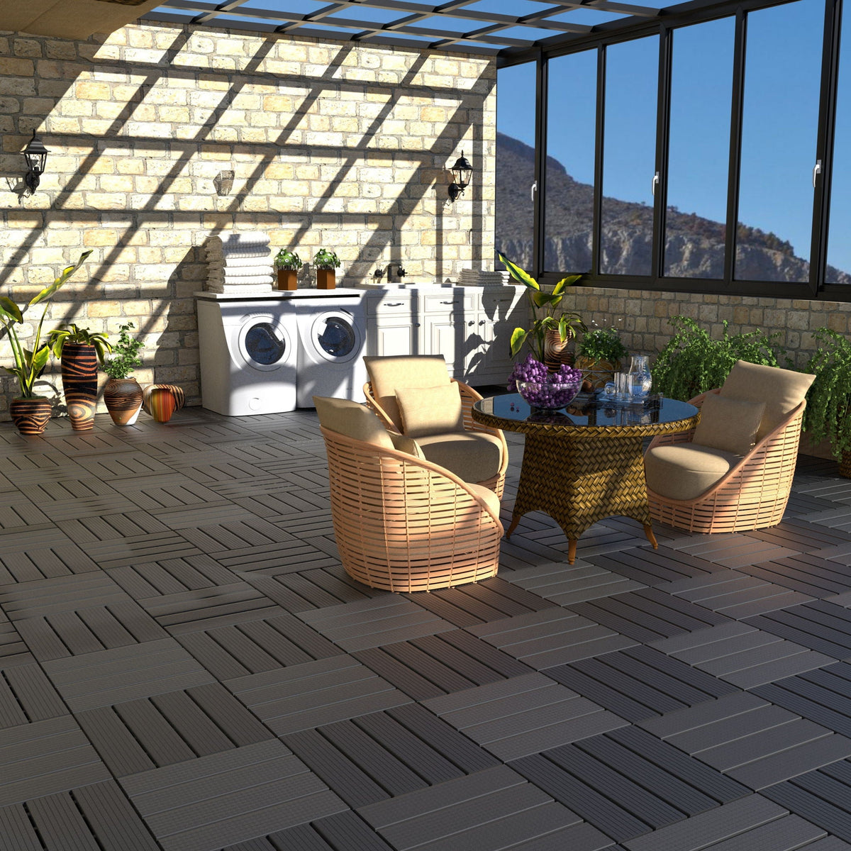 Interlocking Deck Tiles 44 Pack with Easy Click Installation - Dark Brown or Dark Gray