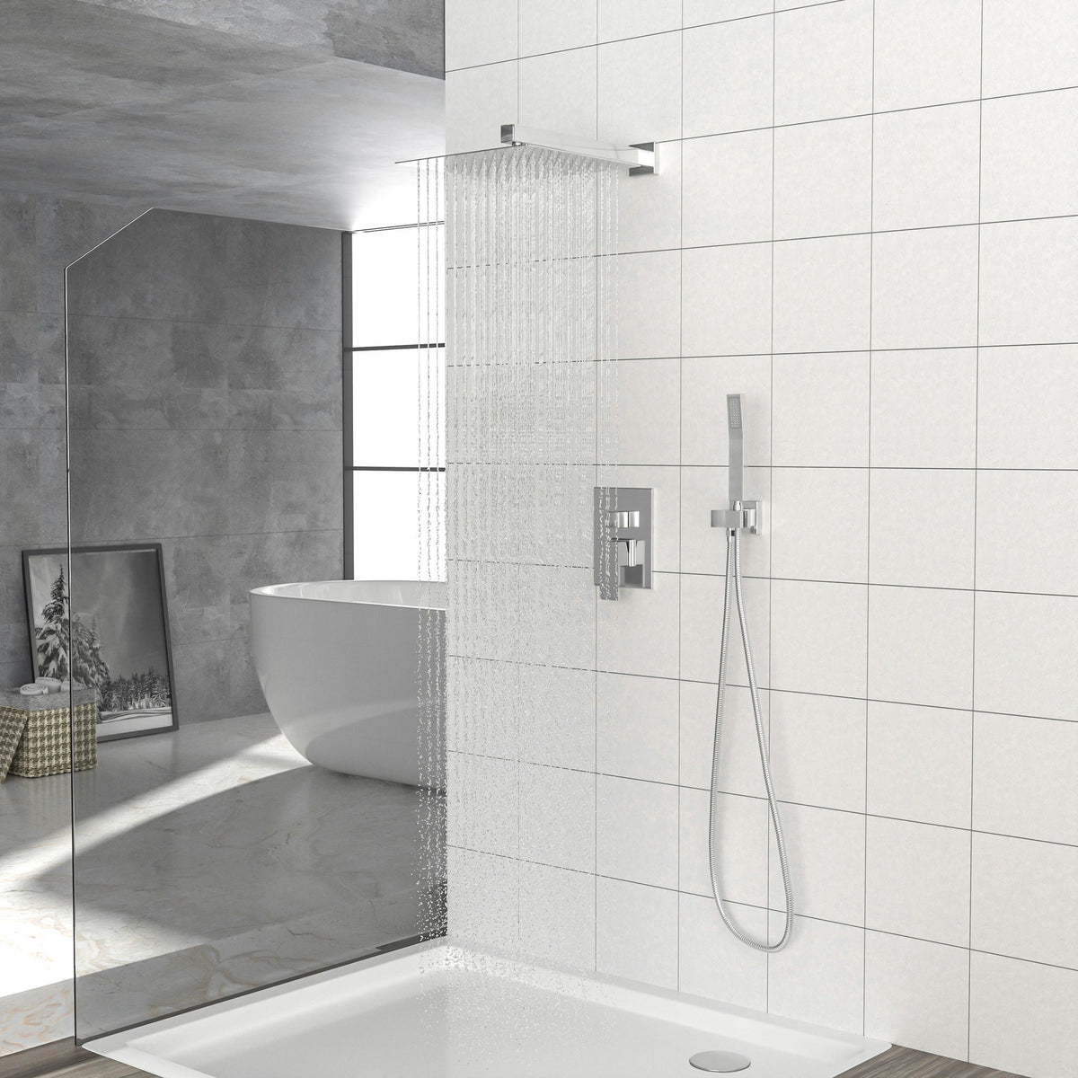 Dual Shower Head System with Rough-In Valve - Black or Pearl Silver