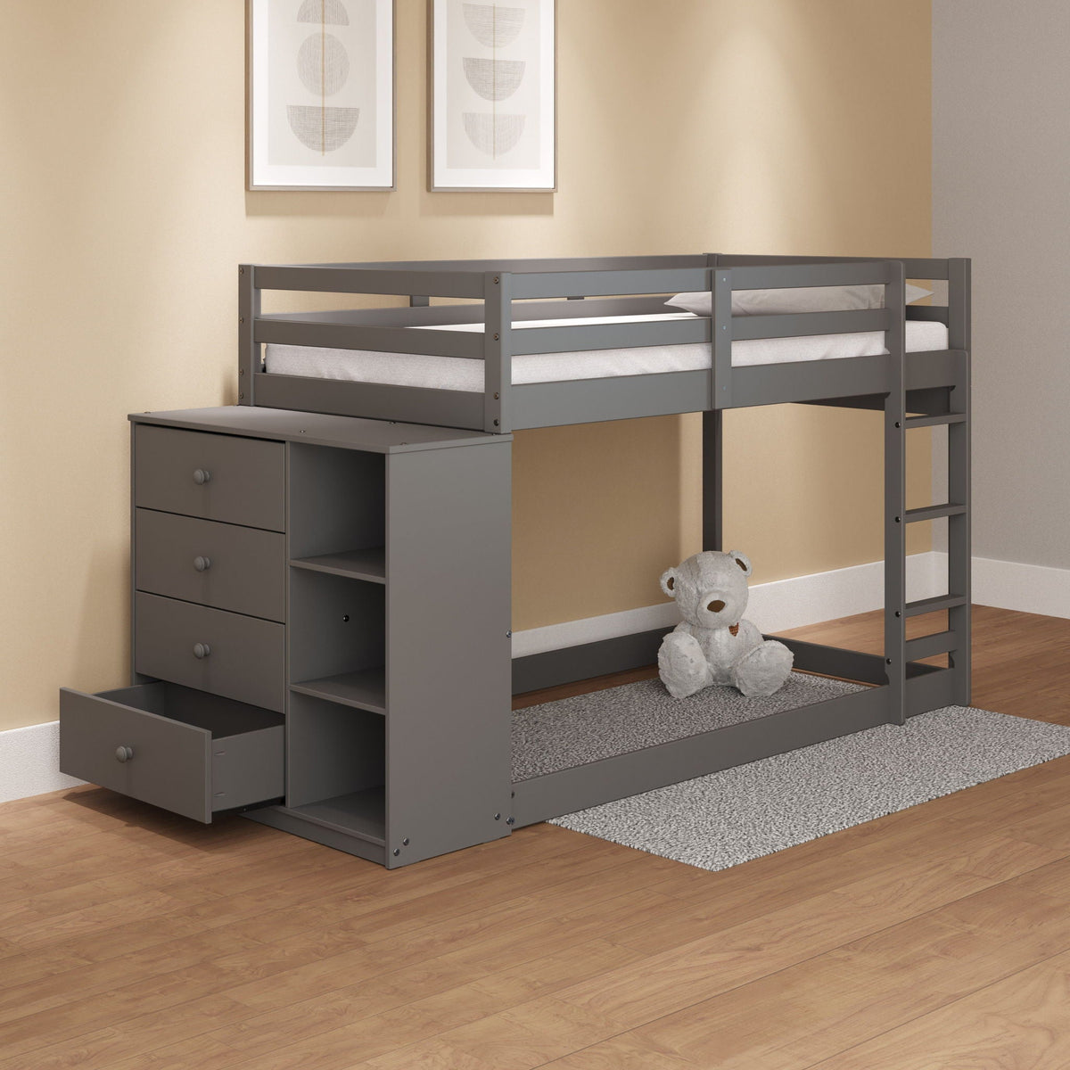 Gray Twin Over Twin Bunk Bed with 4 Drawers and Compartments