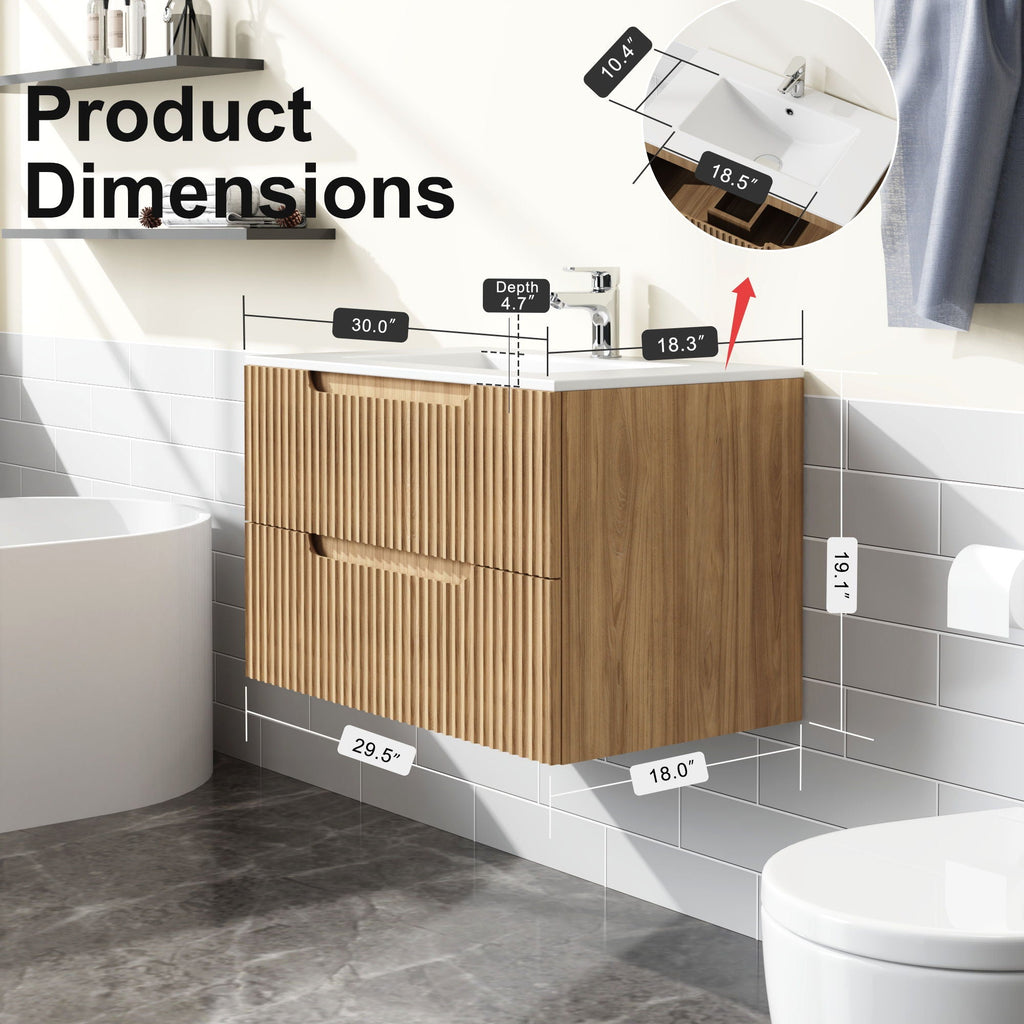 30" Wall Mounted Bathroom Vanity with Sink and Soft Close Drawers - Walnut