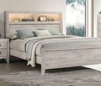 Queen Size Bed with Headboard Shelves and Light - White Wash Finish