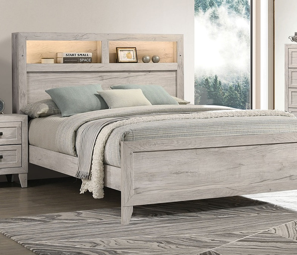 Queen Size Bed with Headboard Shelves and Light - White Wash Finish