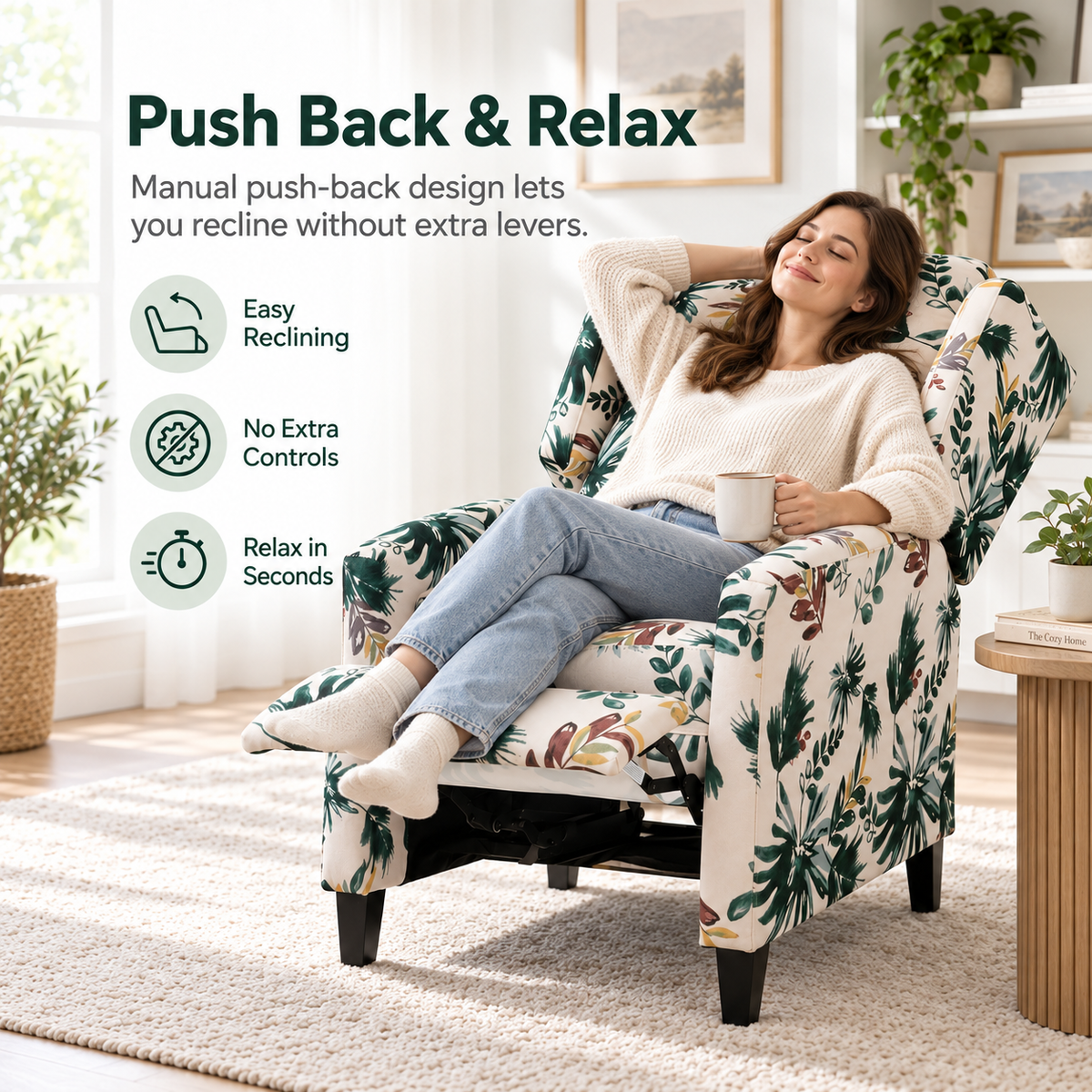 Floral Print Recliner Chair with Padded Arms - Multicolor