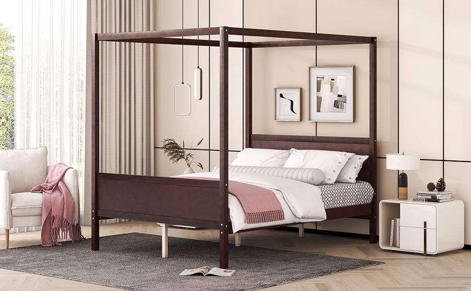 Canopy Platform Bed with Headboard and Footboard, Slat Support Leg - Queen