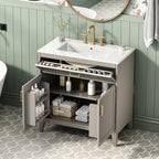30" Bathroom Vanity with Ceramic Sink Top and Solid Wood Legs - Beige or Wood