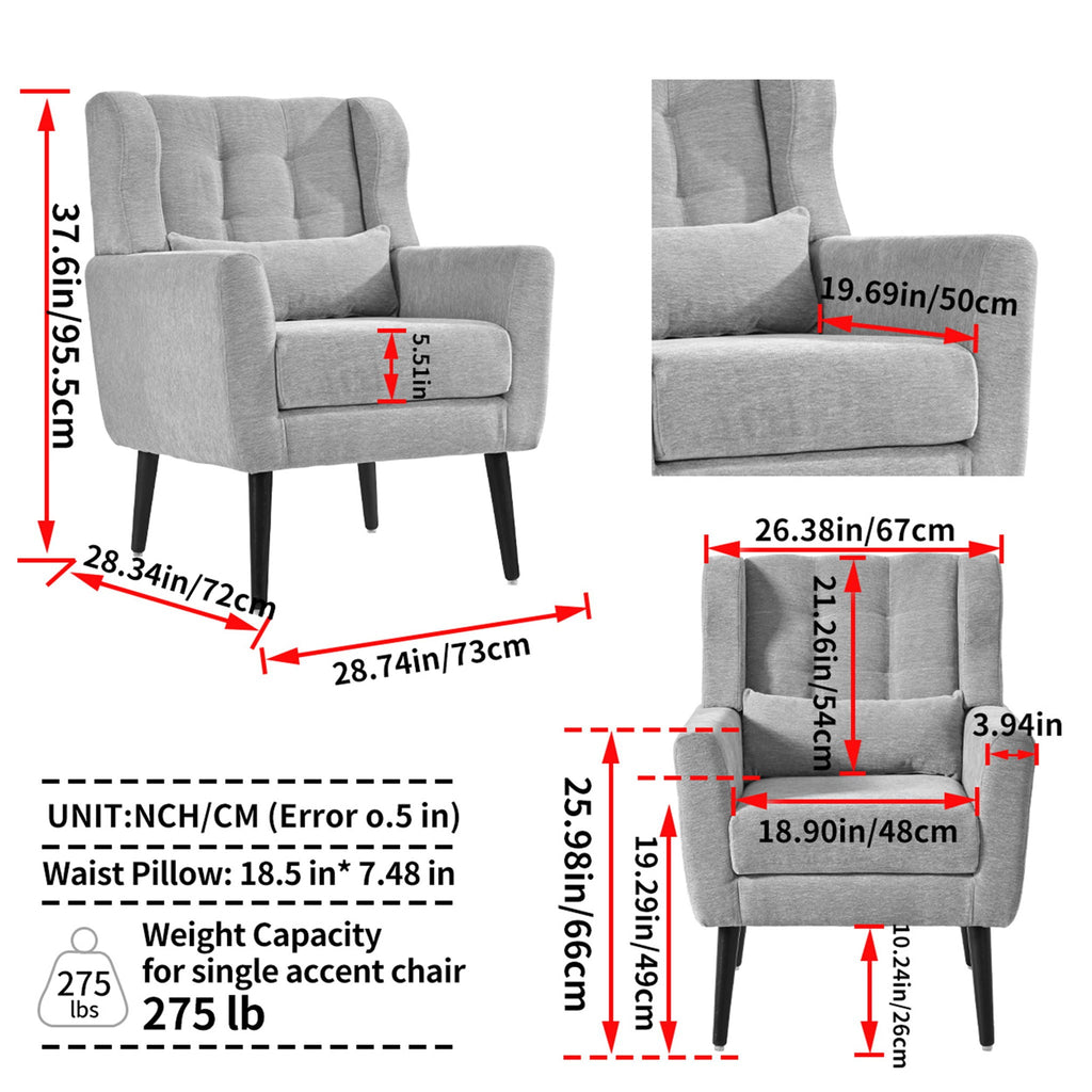 Modern Upholstered Arm Chair with Solid Wood Legs and Pillow - Multiple Colors