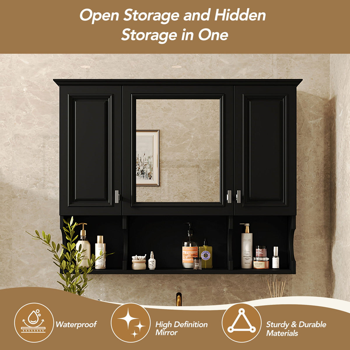 Wall Mounted Bathroom Medicine Cabinet With Mirror & Open Shelves