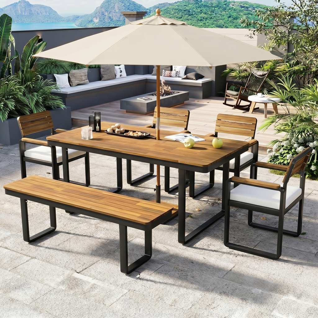 6-Piece Outdoor Dining Set with Acacia Wood - Beige or Gray