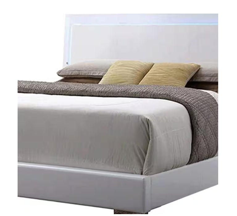White Faux Leather Panel Bed with LED Light - White