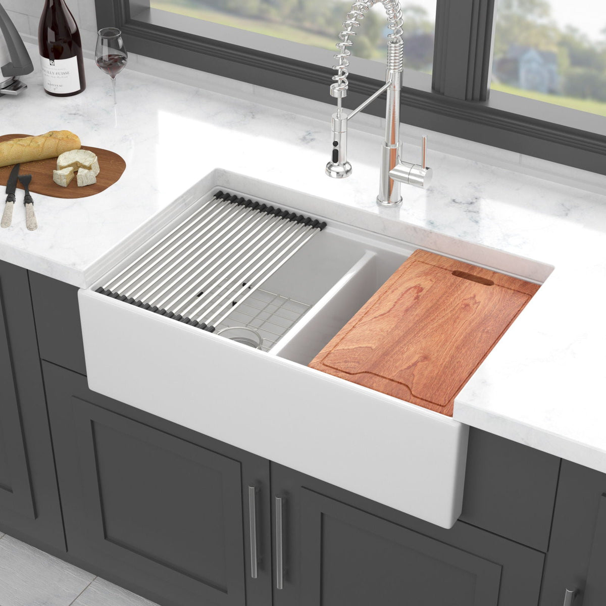 Farmhouse Sink Workstation 33" Ceramic Double Bowl with Ledges - White