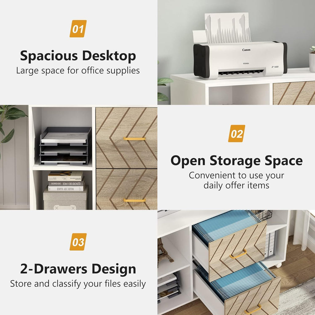 Large Mobile Lateral File Cabinet with 2 Drawers and Storage Shelves - White/Oak