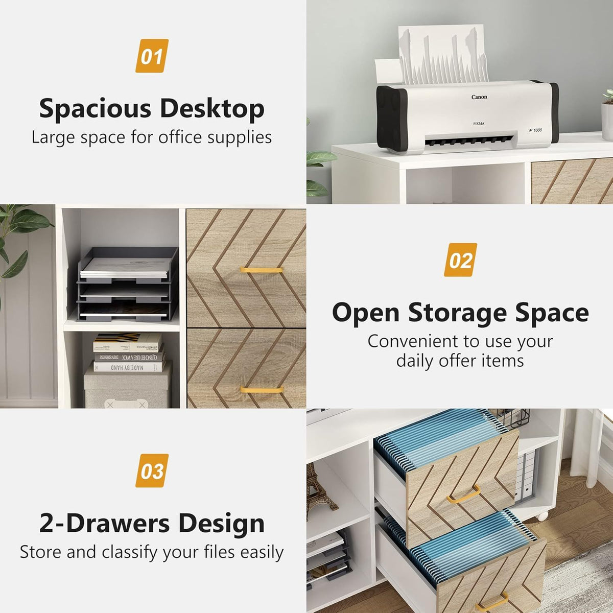 Large Mobile Lateral File Cabinet with 2 Drawers and Storage Shelves - White/Oak