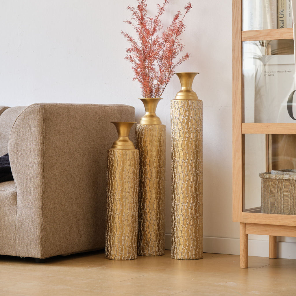 Gold Metal Floor Vases Set with Vine Pattern – Set of 3