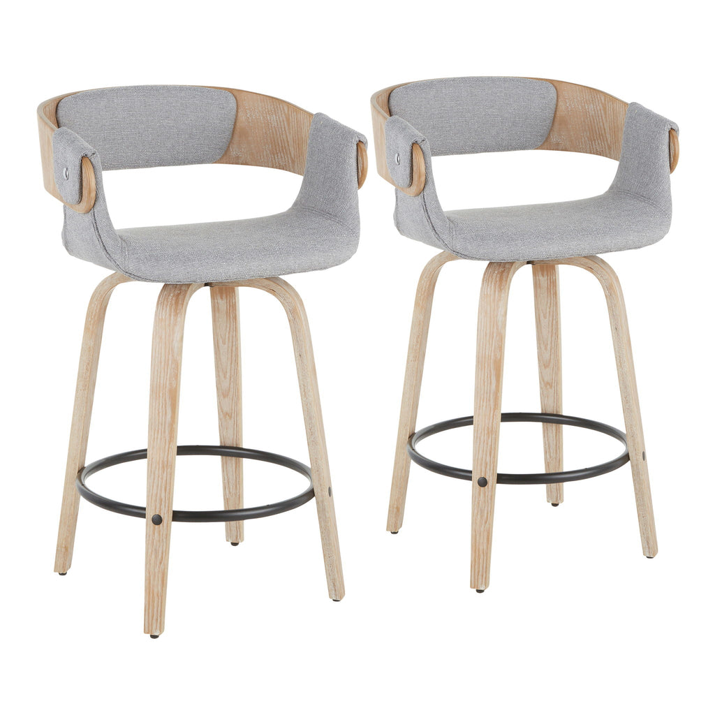 Farmhouse Counter Stool Set with Cushioned Gray Seat - White Washed