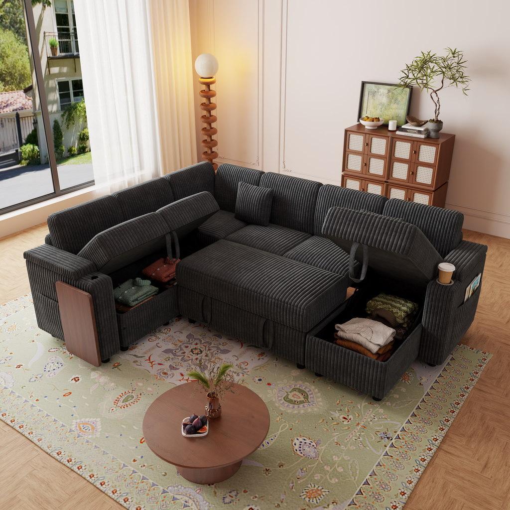 100-Inch Pull-Out Sofa with USB Ports and Cup Holder - Corduroy