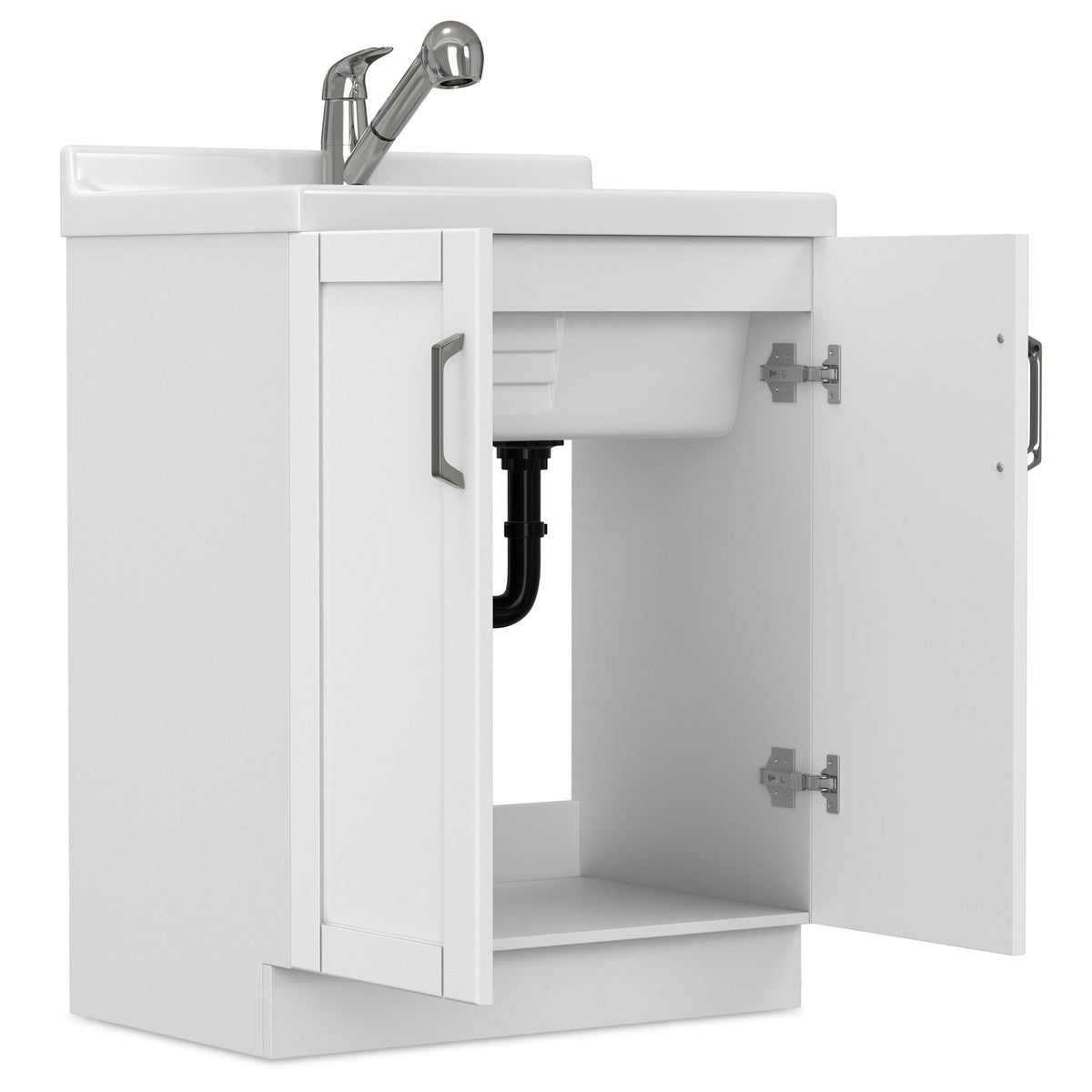 White Laundry Cabinet with Stainless Steel Sink and Pull-Out Faucet