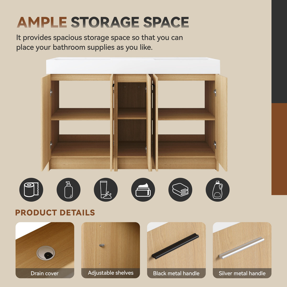 60" Double Sink Bathroom Vanity with Extra-Large Storage - Light Oak