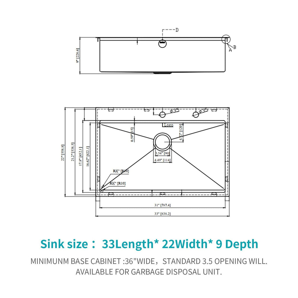 33" Drop In Kitchen Sink with Ledge Workstation - Gunmetal Black