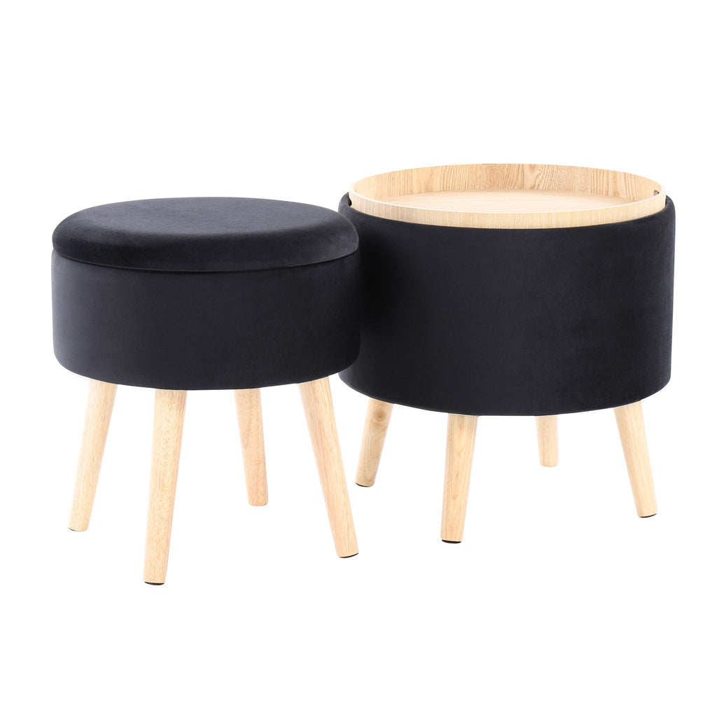 Contemporary Storage Ottoman with Matching Stool - Black / Natural