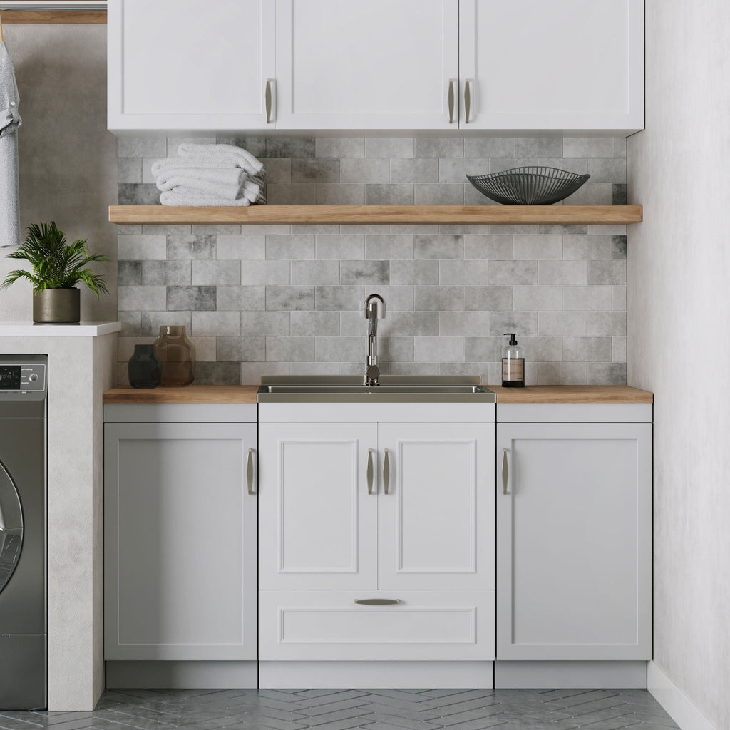 Laundry Cabinet with Faucet and Stainless Steel Sink - White