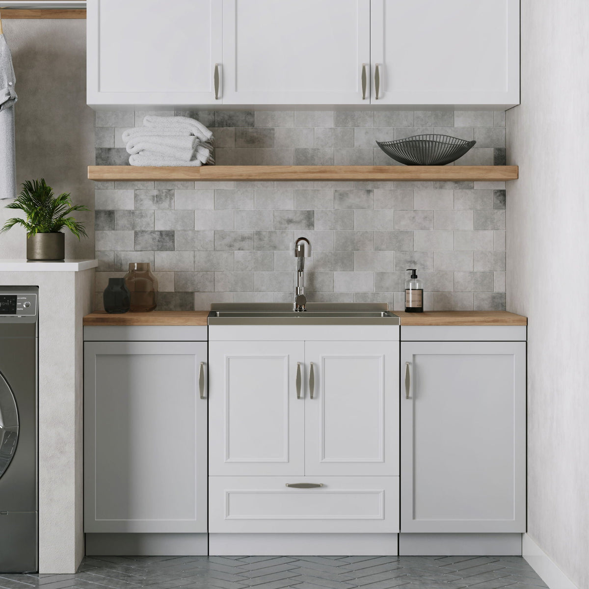 Laundry Cabinet with Faucet and Stainless Steel Sink - White