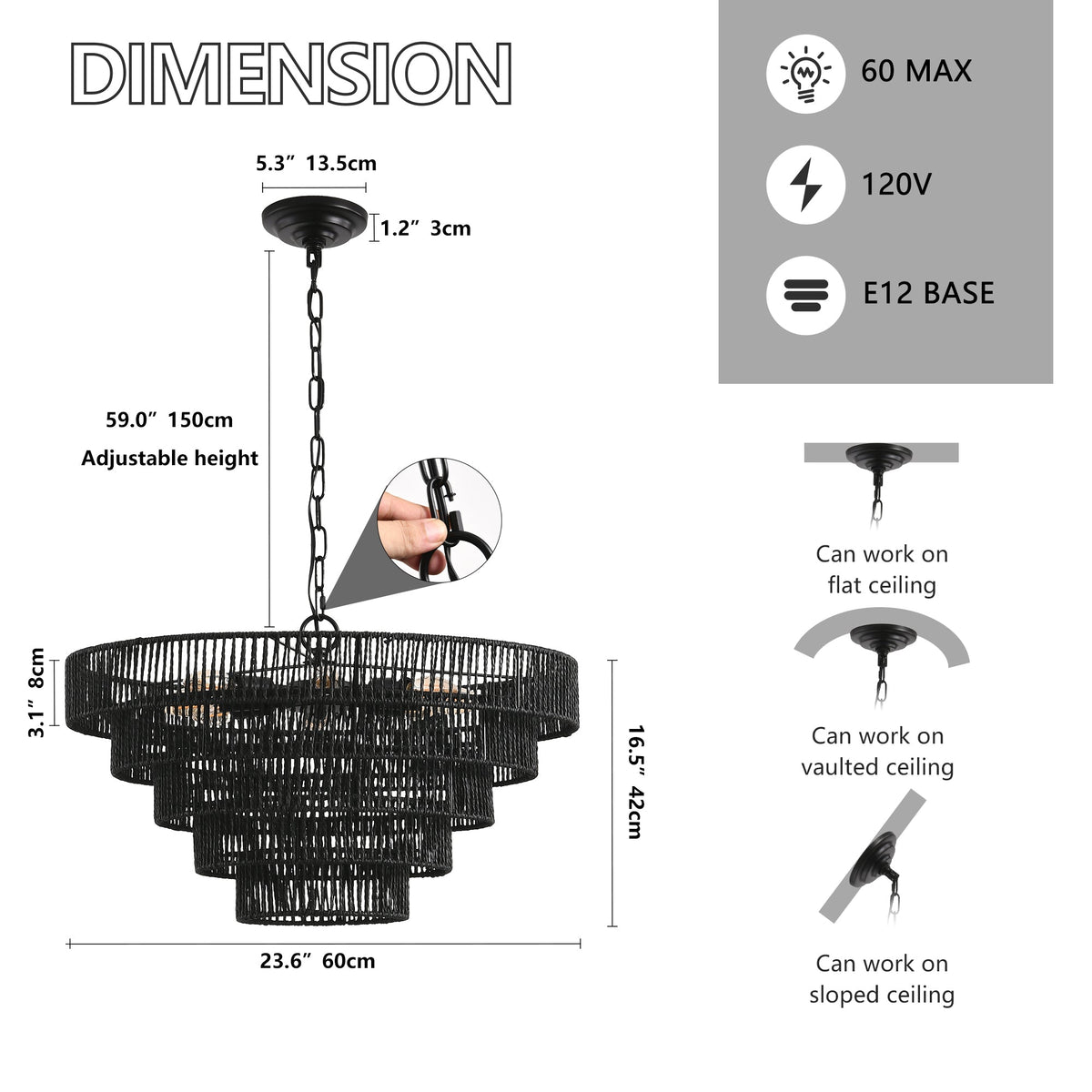 Rustic 5-Tier Hemp Rope Chandelier with 8 Lights - Black