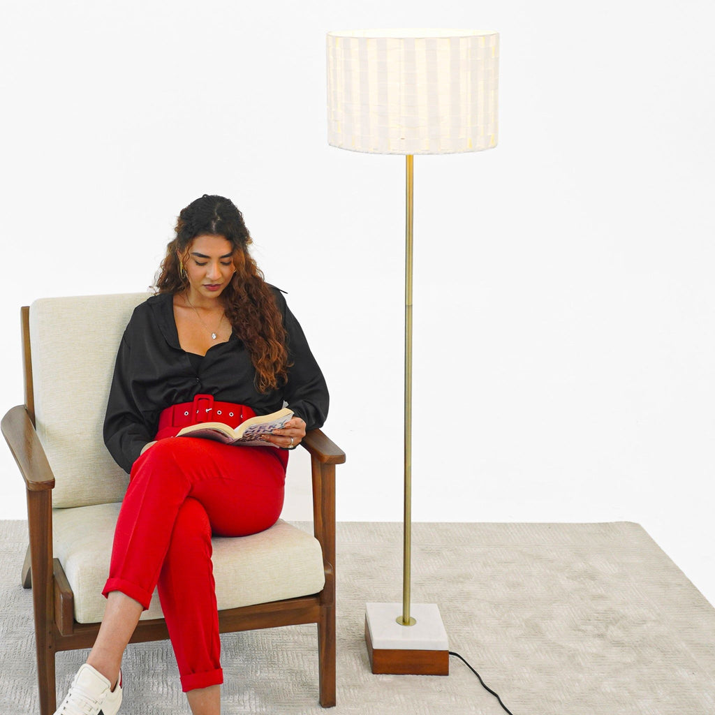 Gold Floor Lamp with Marble Base and Imitation Leather Shade