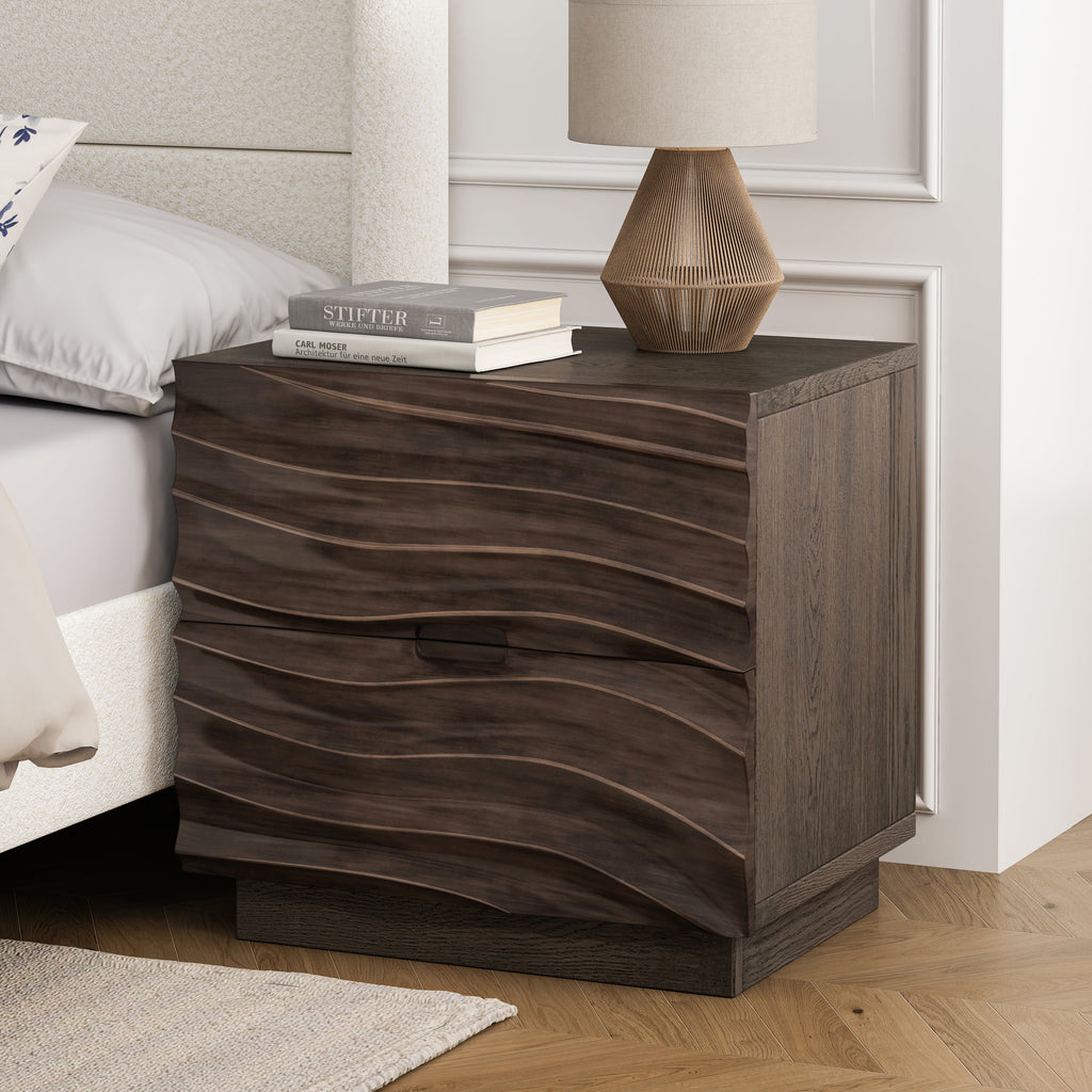 Solid Wood Nightstands with 2 Drawers - Modern Handleless Design - Brown