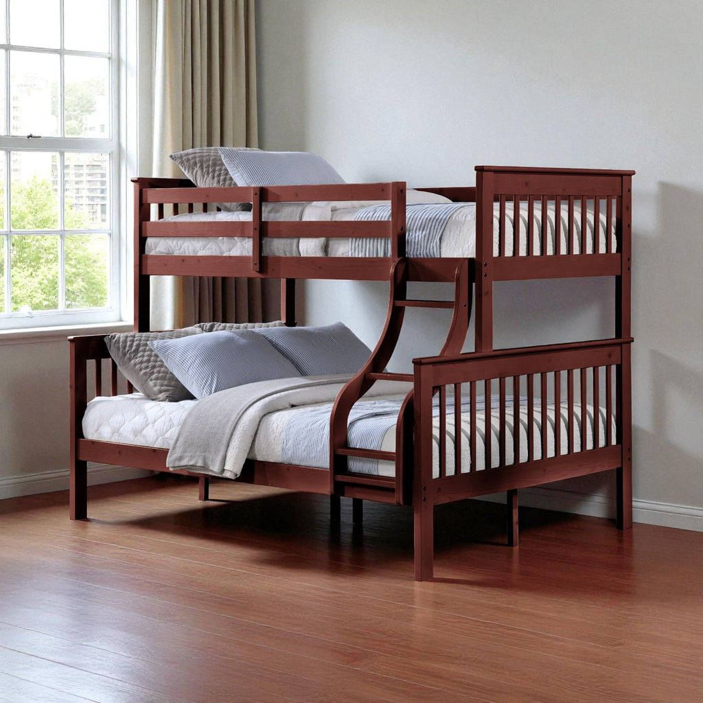 Twin Over Full Bunk Bed with Secure Ladder and Slat System - Dark Red or Gray