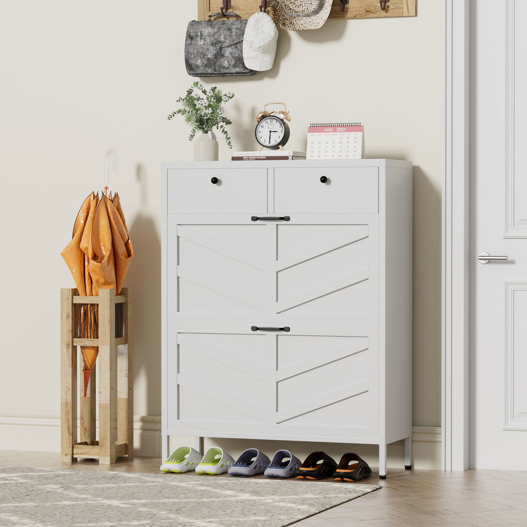 White Steel Shoe Cabinet with Flip Drawers - Adjustable Dividers
