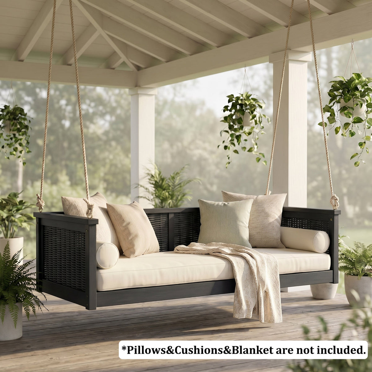 Solid Wood Twin Size Swing Bed with Handwoven Rattan - Natural Wood