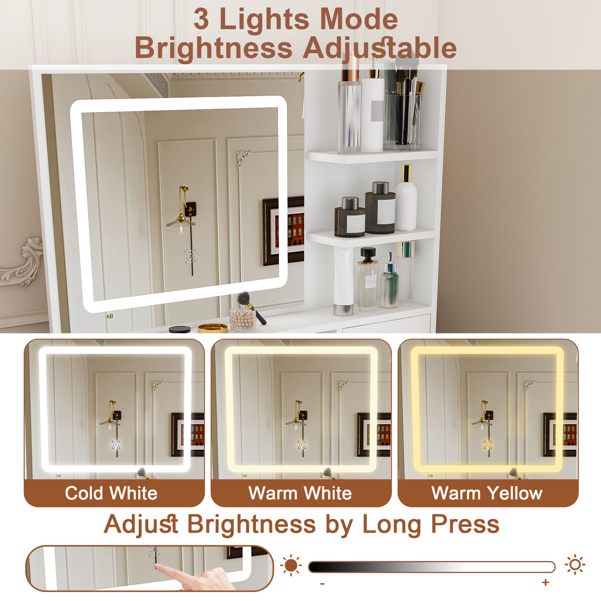 Fashion Vanity Desk with Mirror & Dimmable LED Lights - White MDF
