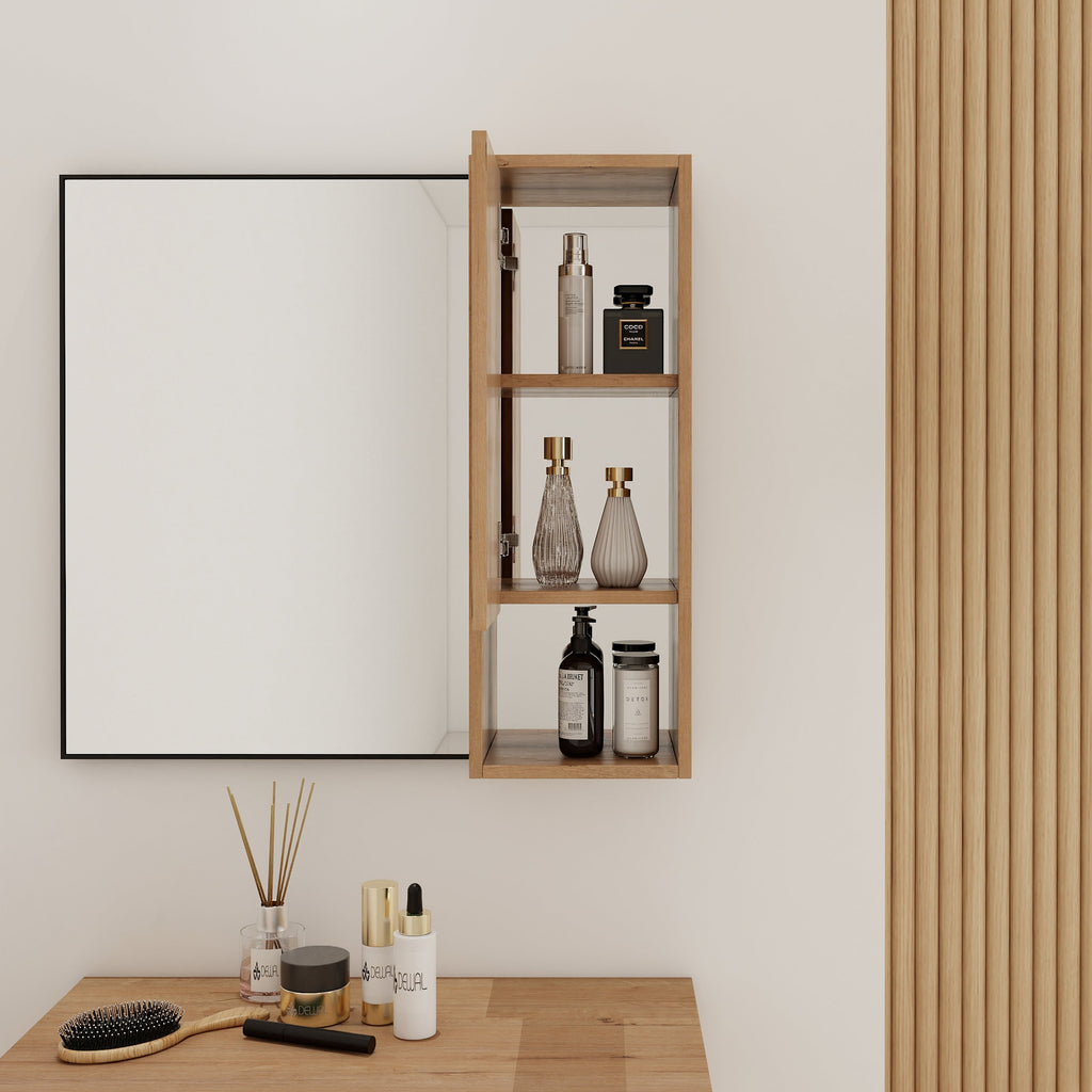 Imitative Oak Wall Mounted Bathroom Mirror Cabinet with Soft Close Door