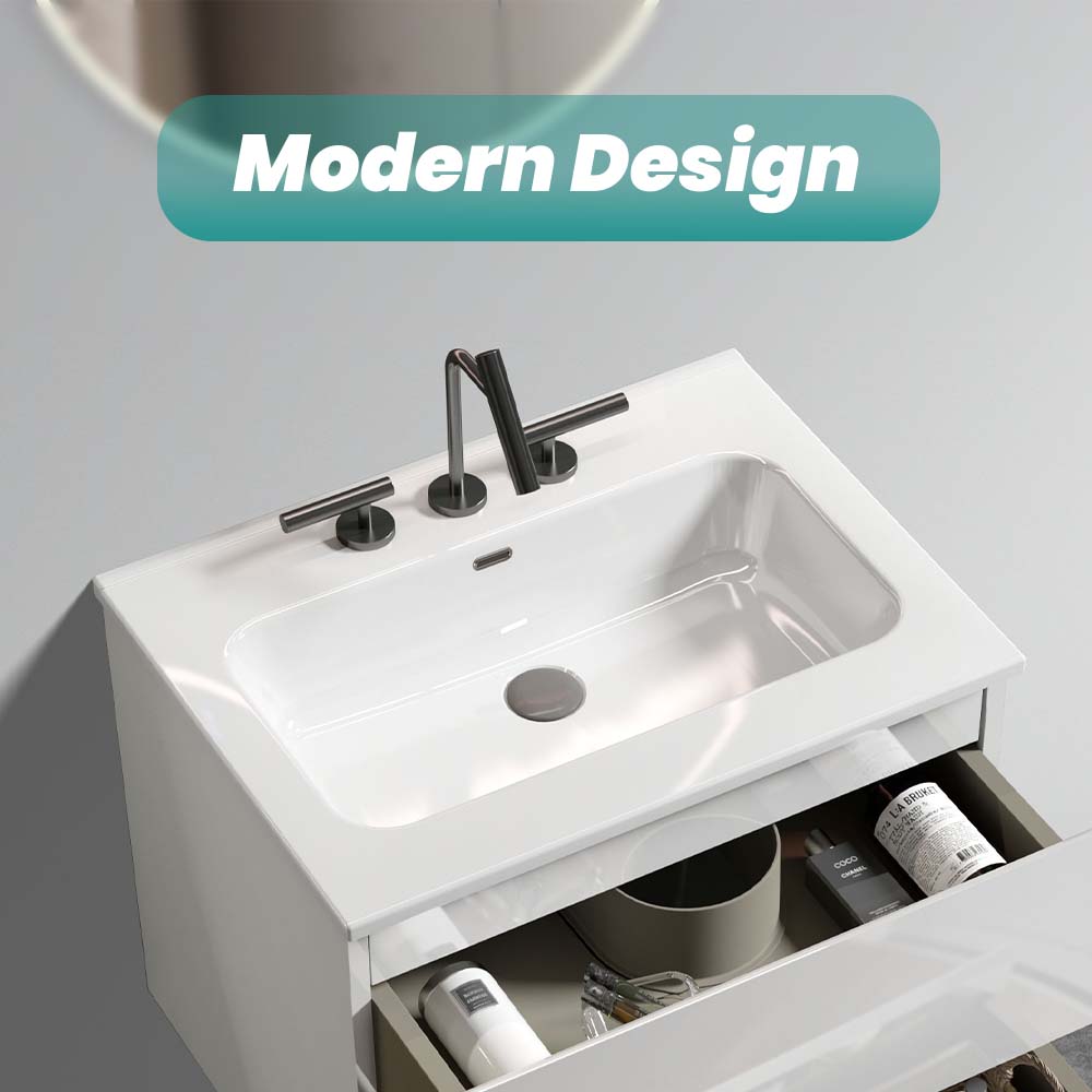Glossy White Ceramic Integrated Sink with Seamless Design - White