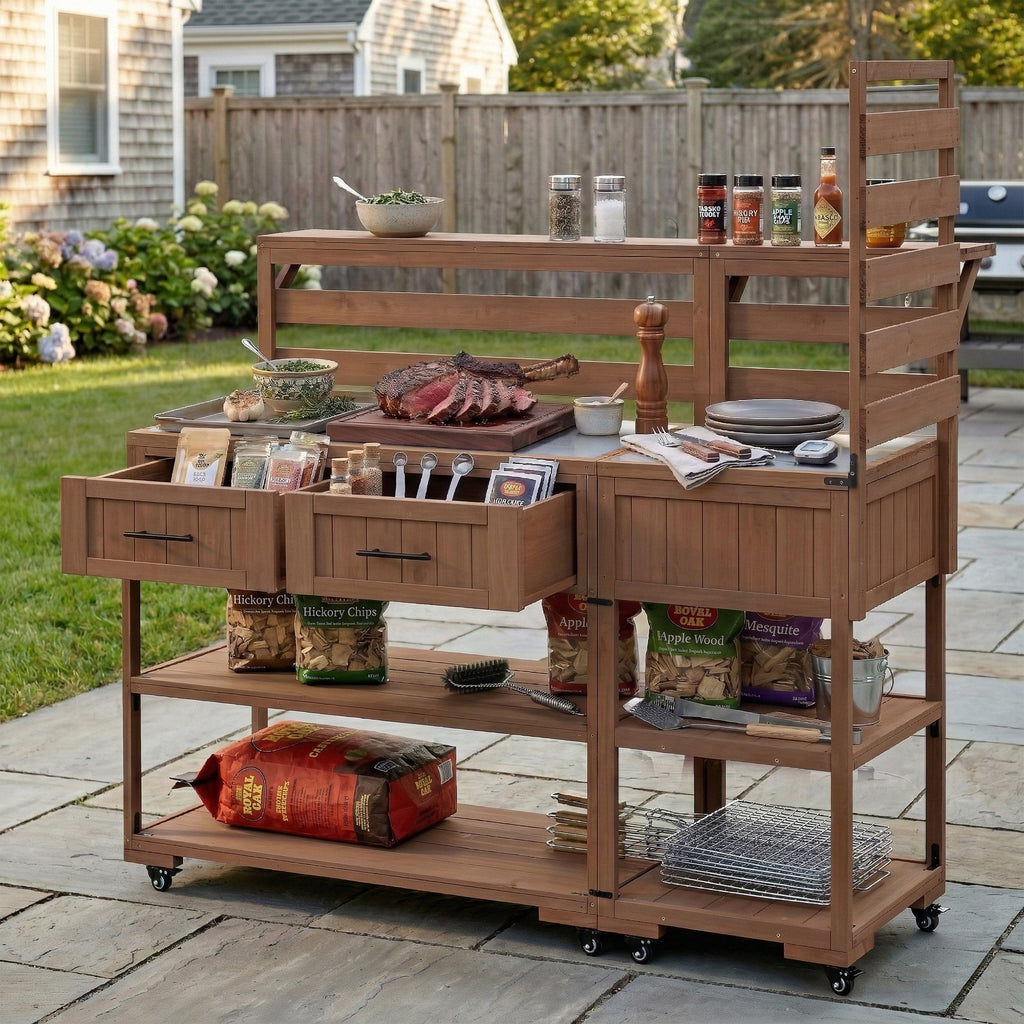 Solid Wood Patio Kitchen Island with Stainless Steel Top - Available in Black, Brown, or Gray