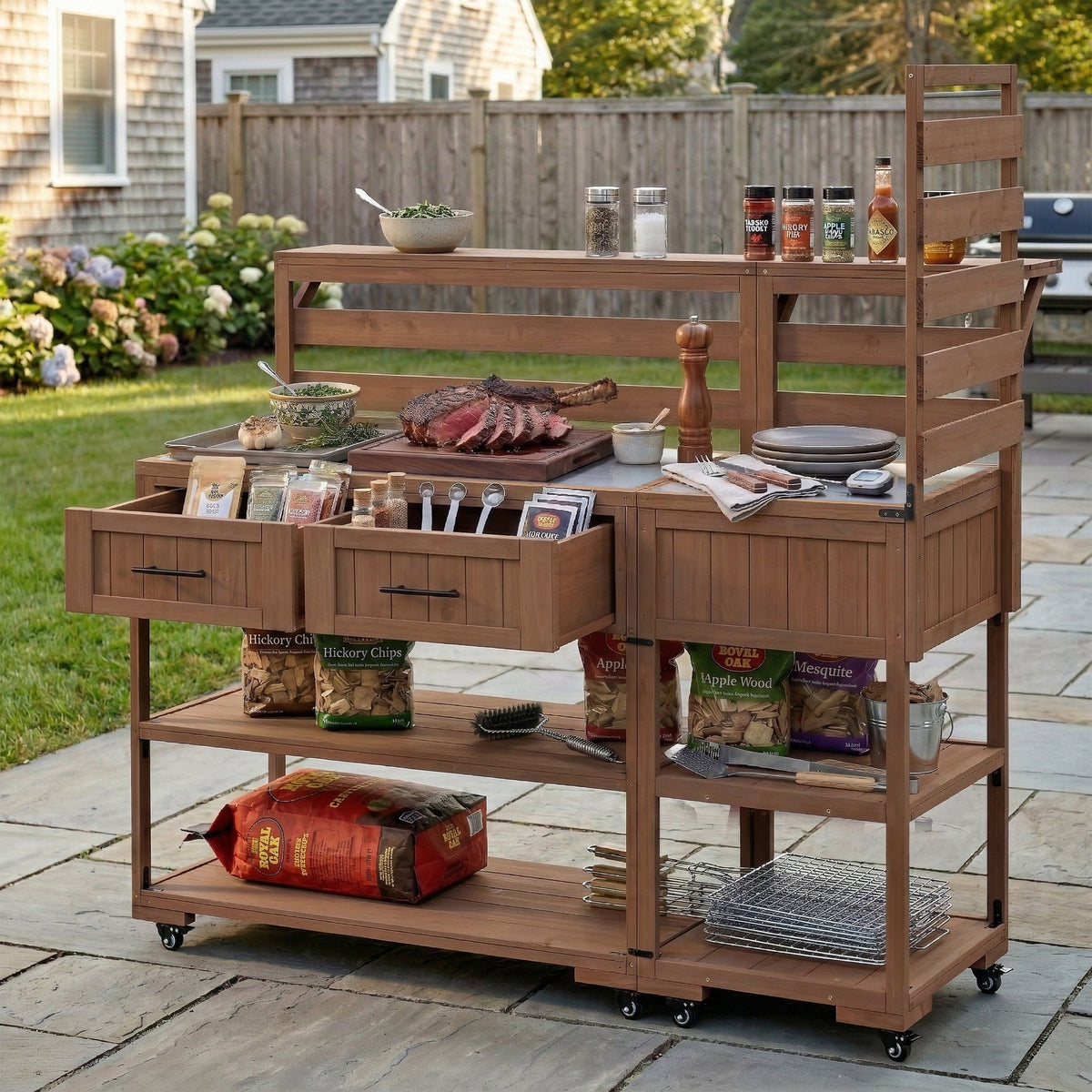 Solid Wood Patio Kitchen Island with Stainless Steel Top - Available in Black, Brown, or Gray